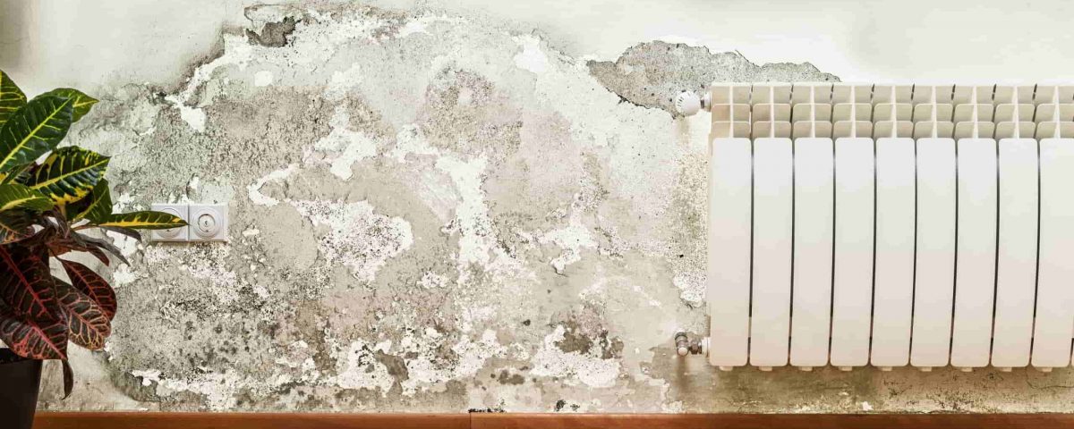 Schwer beschädigte Wand mit Heizkörper durch extreme Feuchtigkeit