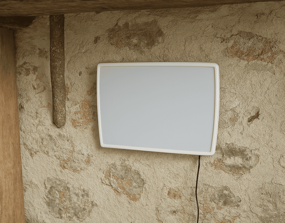 ATE Gerät an feuchter Wand installiert zur Behandlung von aufsteigender Feuchtigkeit und Salpeter im Mauerwerk