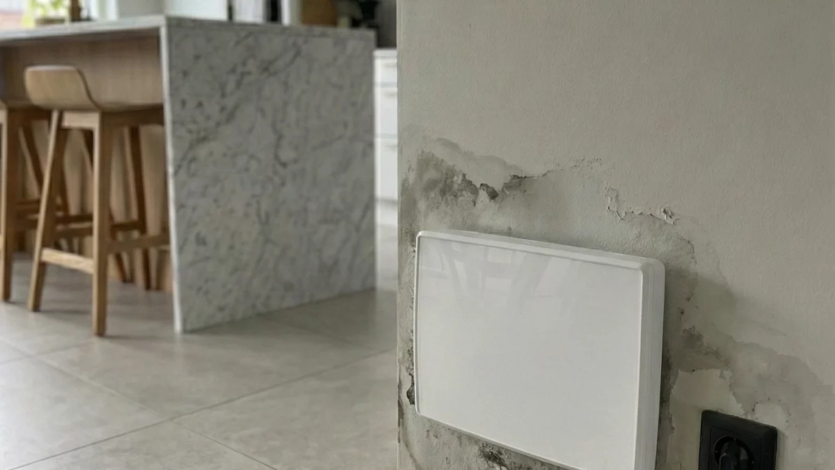 Heizkörper an feuchter Wand mit Schimmelspuren in modernem Wohnraum